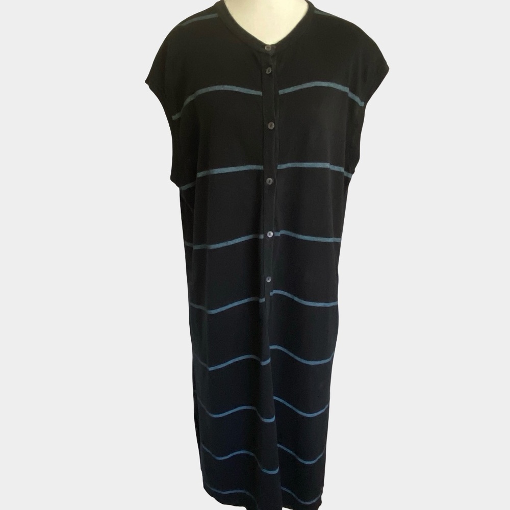 Oska Black Blue Stripe Hemp Blend Lagenlook Boho Lounge Midi Dress-Sz-8/10